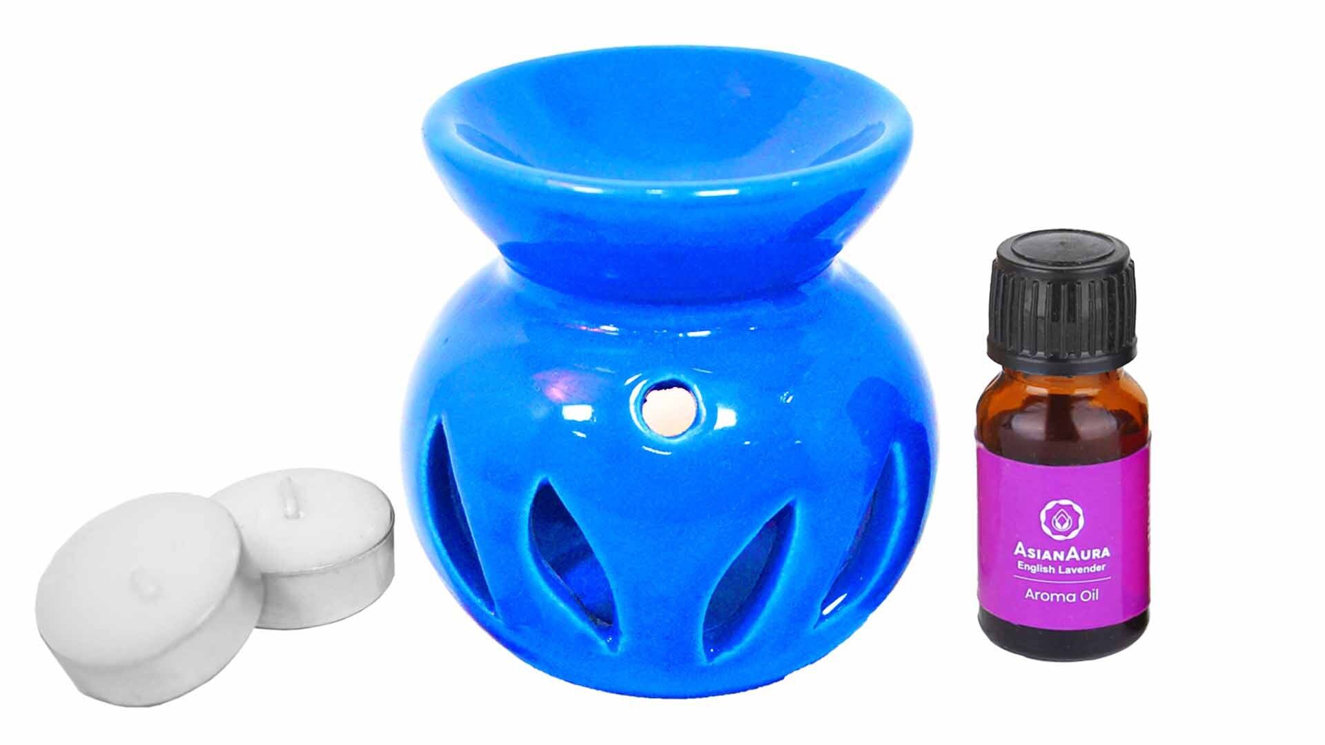 Asian Aura Ceramic Aromatic Oil Candle Diffuser with 2 oil bottles AA-CB-0024 Blue