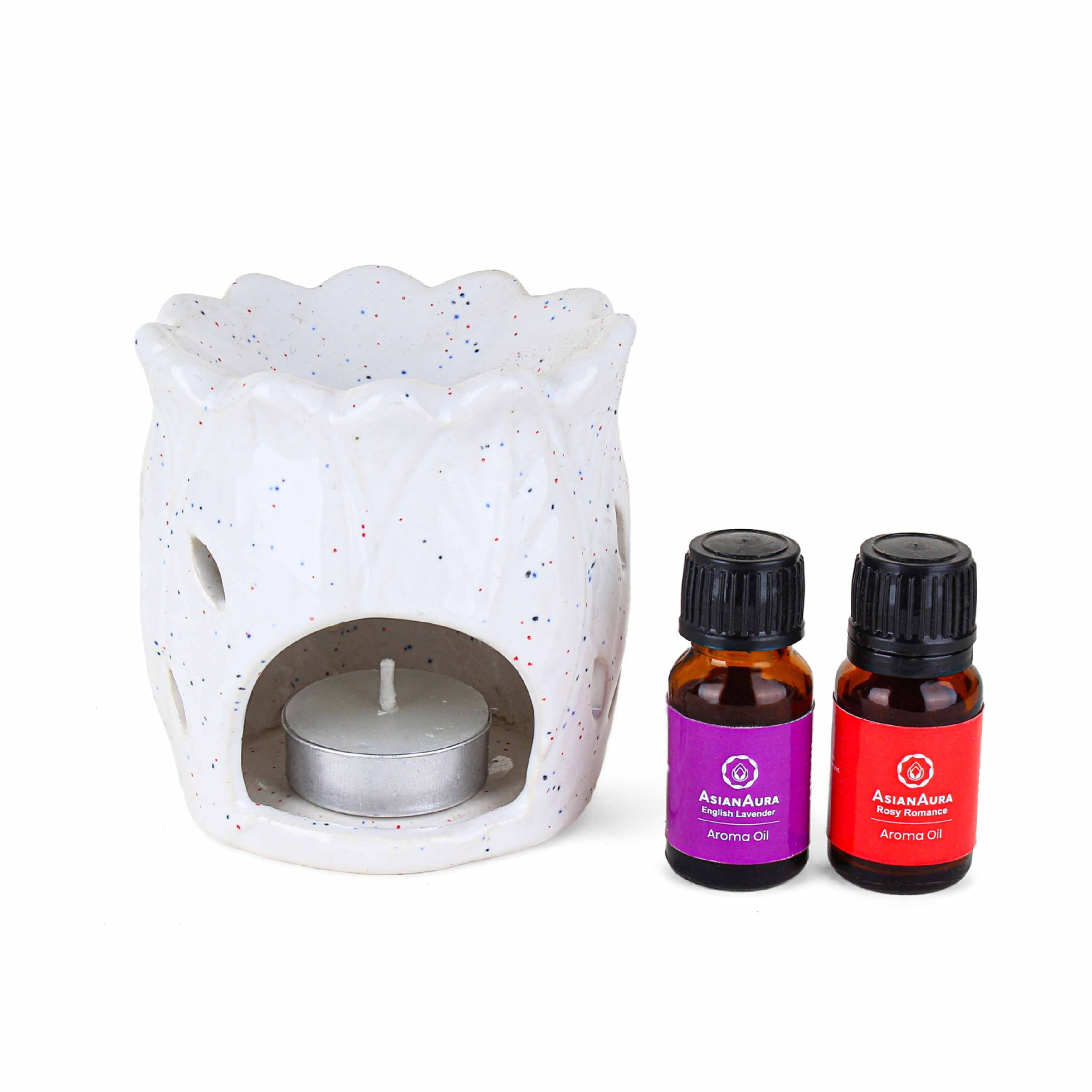 Asian Aura Ceramic Aromatic Oil Diffuser with 2 oil bottles AA-CB-0040White