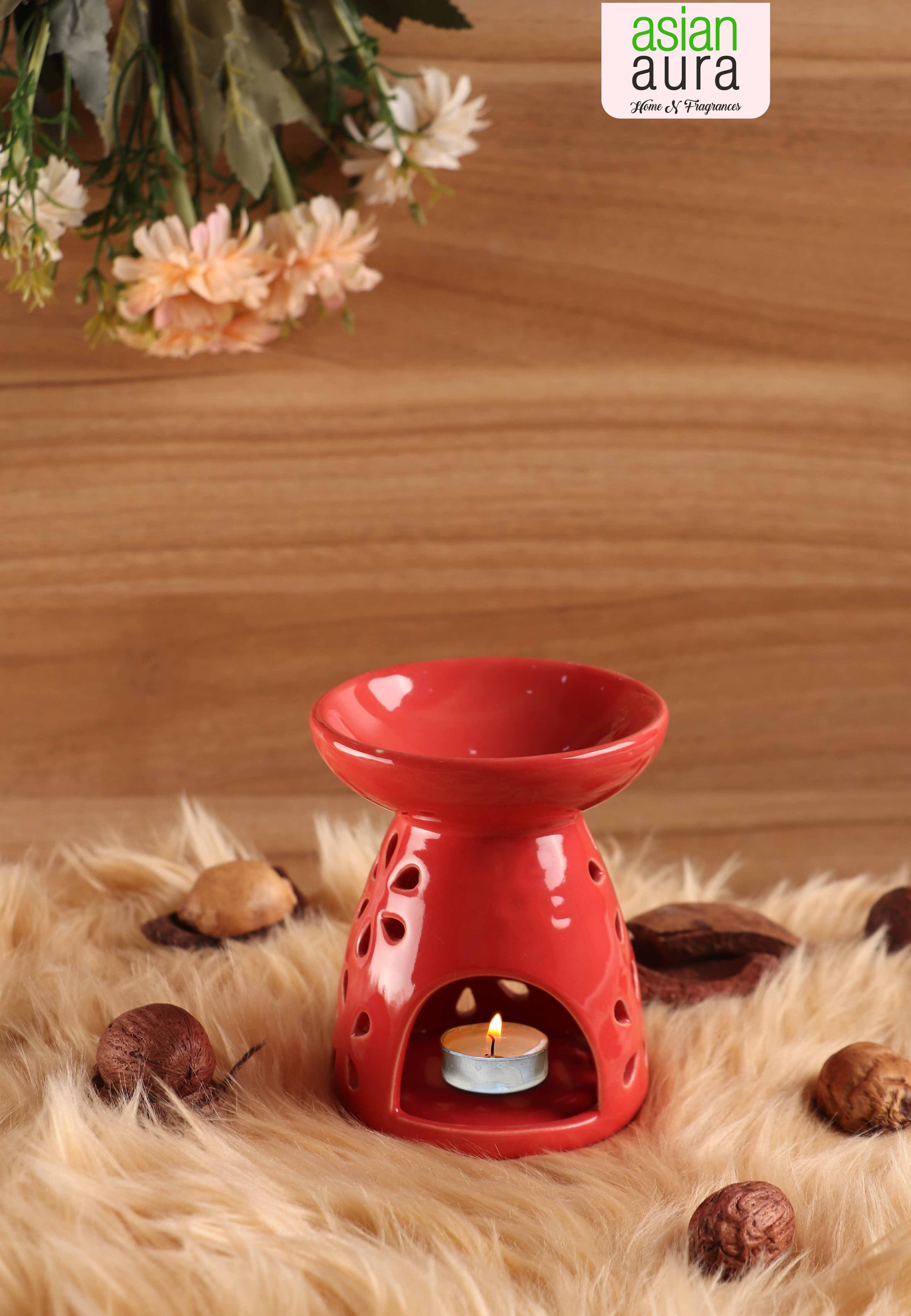 Asian Aura Ceramic Aromatic Oil Diffuser with 2 oil bottles AA-CB-0042Red