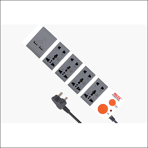 HEUB-6666 USB Extension Cord - ABS Material, 3.0 Mtrs Wire, Grey Color | 4 Universal Sockets, 4 2-Pin Sockets, 2.1 Amp USB, Space-Saving Design