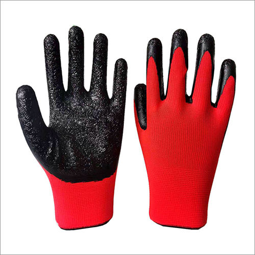 Black And Red 13G Polyester Coated Crinkle Latex Gloves