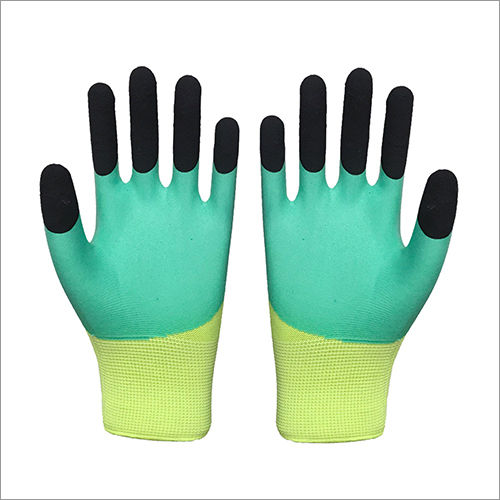 Multicolor 13G Polyester With Green Foam Latex Finger Gloves