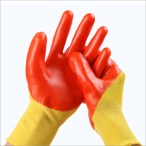 13 Gauge Yellow Polyester Orange PVC Half Coated Gloves