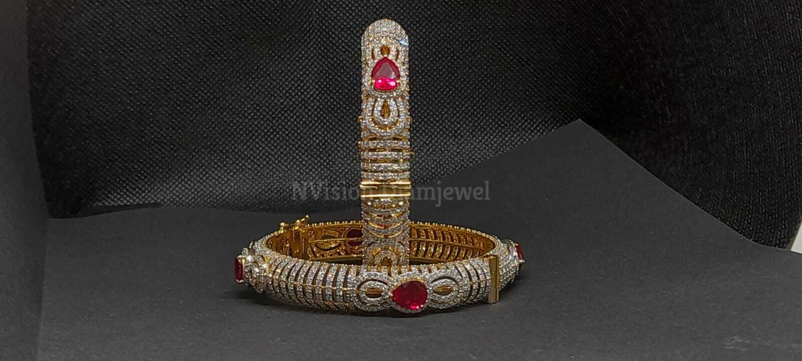 Round Yellow Gold Natural Diamond Ruby Bangles