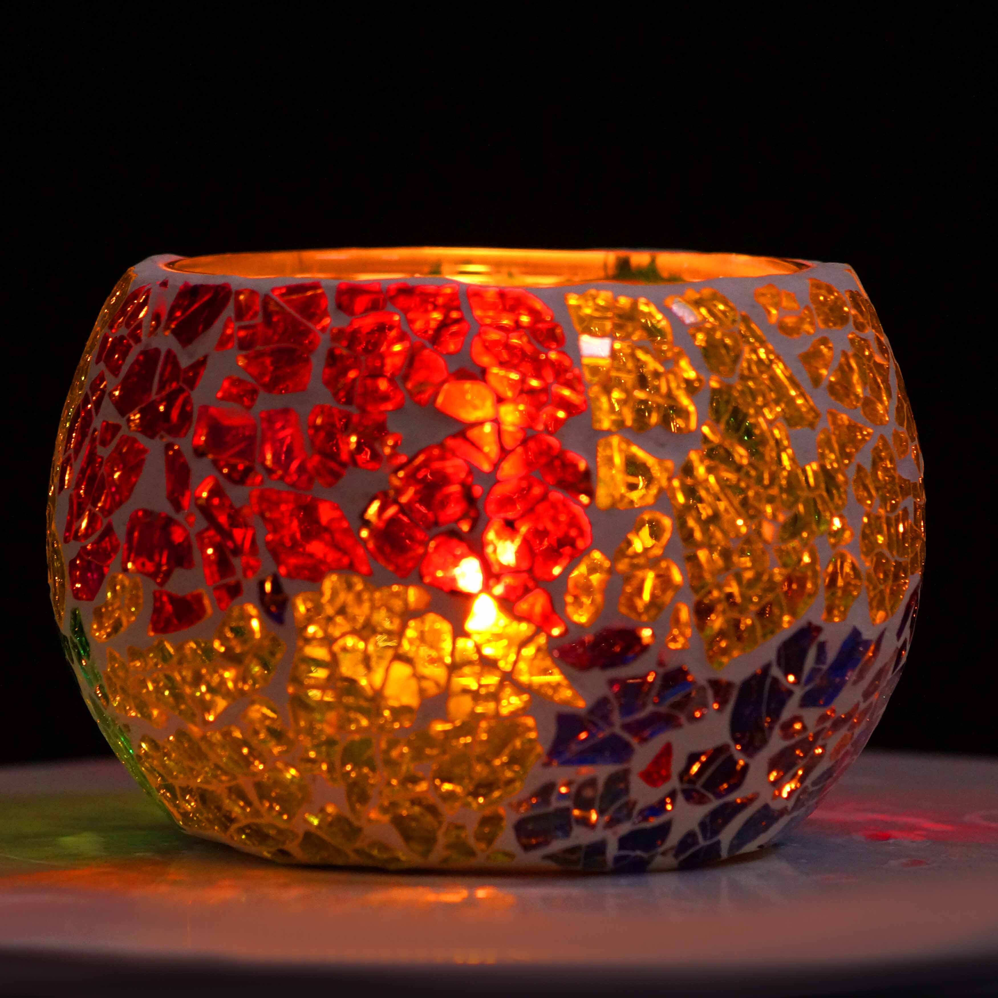 Glass Tea light Holder with T light Candle for festival Decoration Glass 1 - Cup Tea light Holder Set  Multicolour Mosiac 04