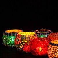 Glass Tea light Holder with T light Candle for festival Decoration Glass 1 - Cup Tea light Holder Set  Multicolour Mosiac 10