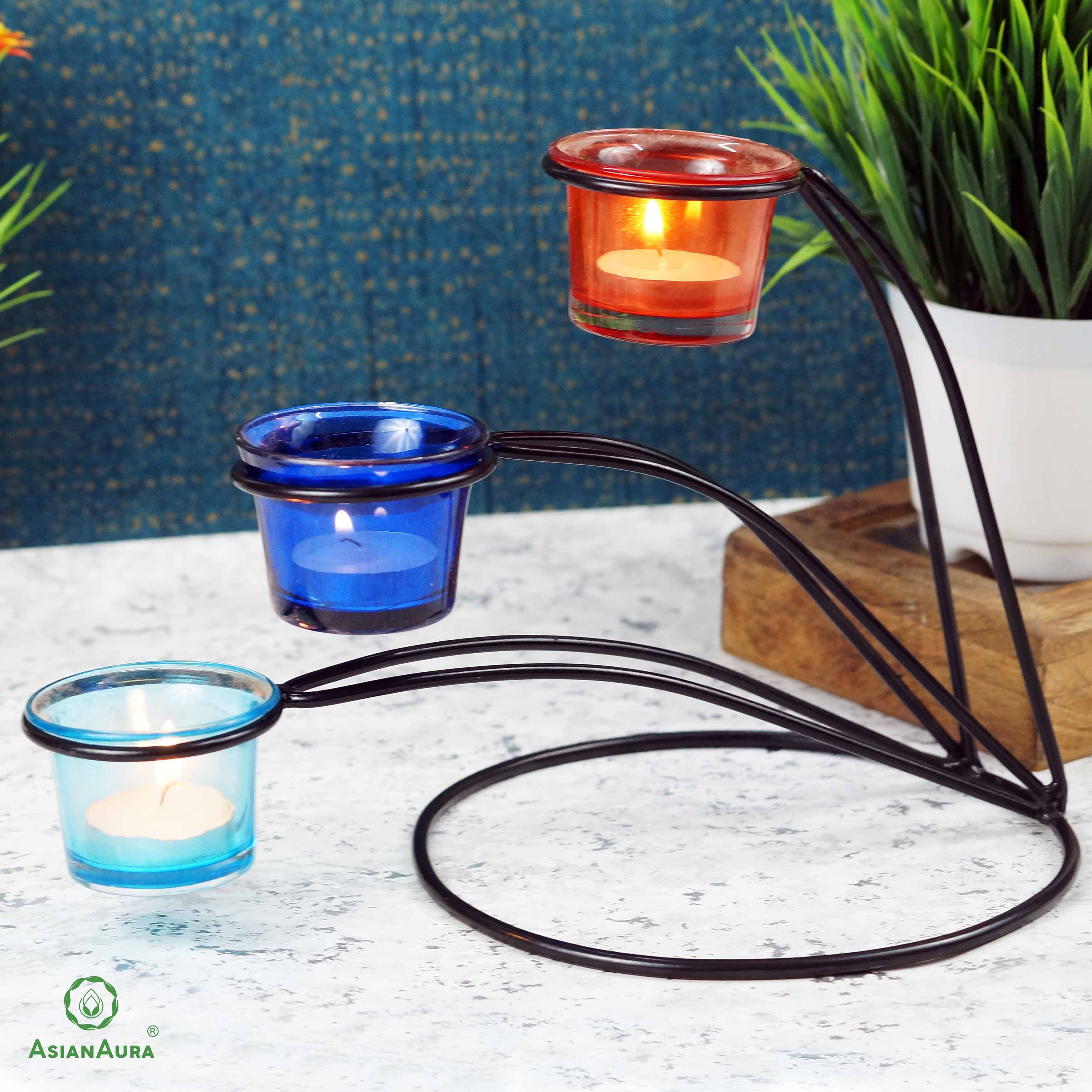 Candle Holder for Birthday Diwali Decoration for Home Room Bedroom and Bathroom Iron Glass Candle Holder ASMETL022