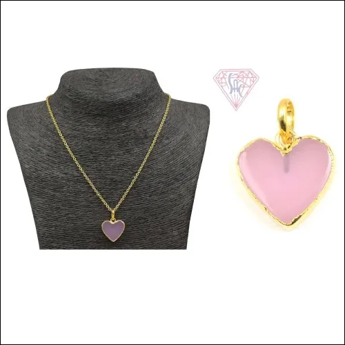 Round Rose Quartz Gemstone Heart Shape Necklace Pendant