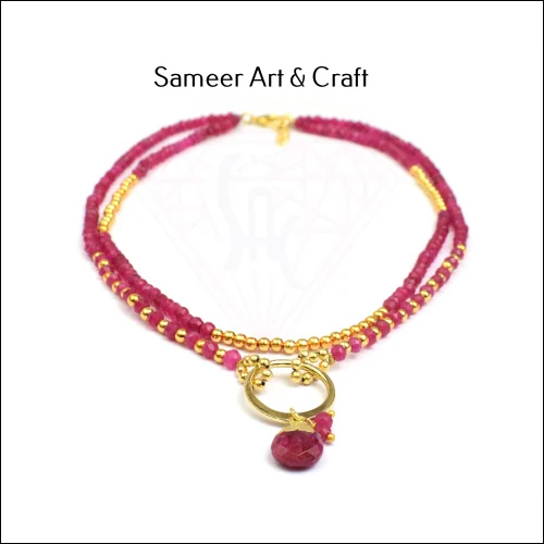 Natural Dyed Ruby Gemstone Gold Plated Necklace