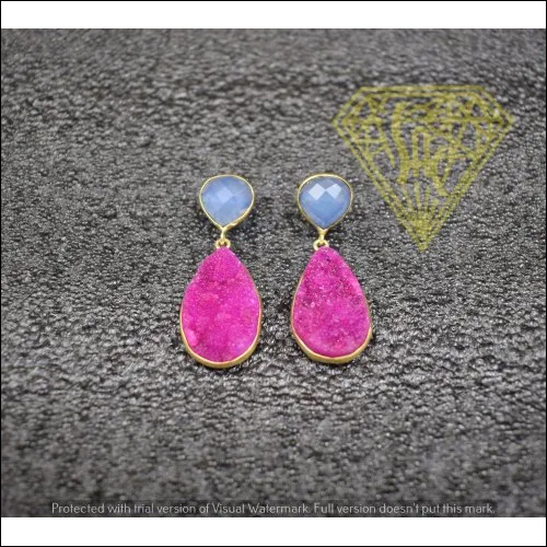 Blue Chalcedony With Pink Druzy Gold Plated Earning