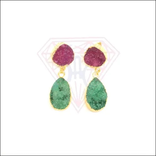 Oval Druzy Fashion Earring Pink And Green Colour Stud Earrings With Gold Plated