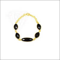 Black Onyx Gemstone Bracelet - Yellow Gold Bangle, 8 Grams, Calming Influence For Emotional Stability And Protection