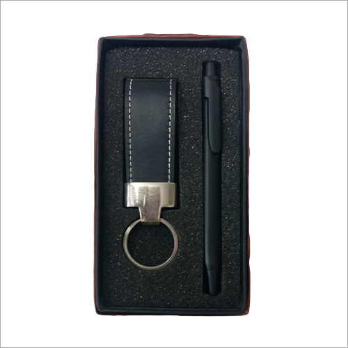 2 In 1 Leather Gift Set - Leather Material , Black Color, Comes with Elegant Black Pen and Leather Key Chain in Protective Gifting Box