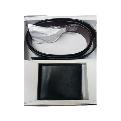Leather Wallet And Belt Set - Authentic Black Leather, Plain Pattern, Sponge Support Packaging for Safe Transport