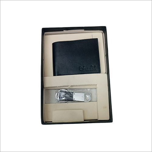 Foldable Leather Wallet Set - Leather Material | Classy Black Design, Includes Polished Steel Key Ring, Ideal For Gifting On Special Occasions