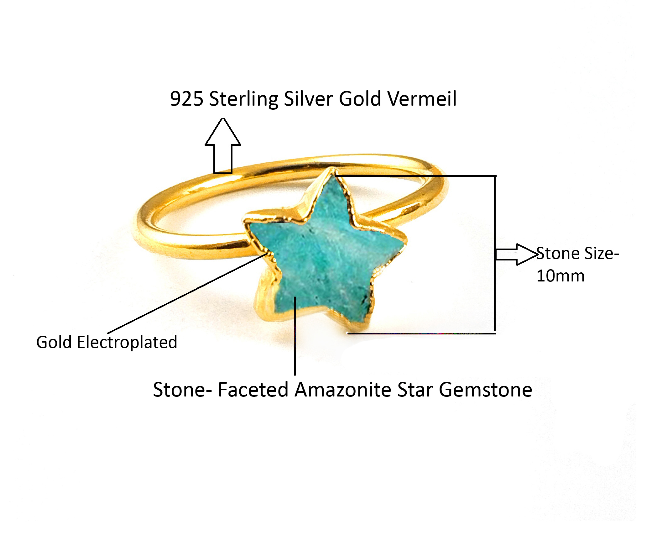 Star Shape Gemstone Rings 10mm Faceted Star Gemstone Gold Vermeil Rings 925 Silver Band Rings For Women