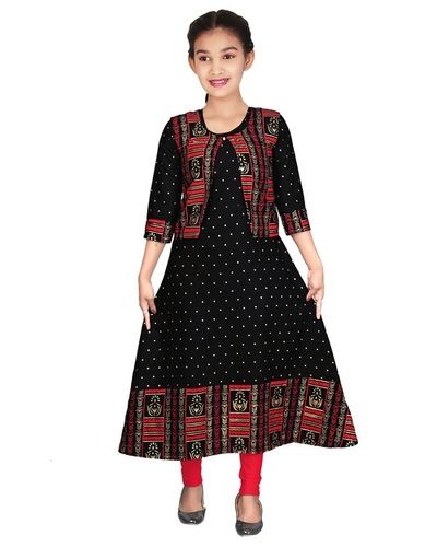 Girl's rayon  foil print long kurti with jacket