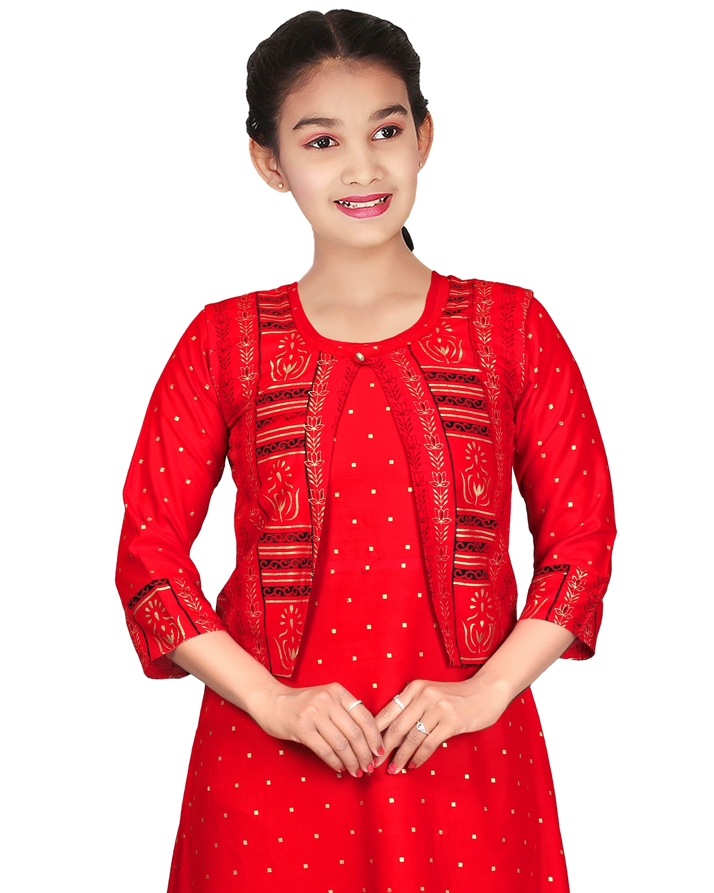 Girl's rayon  foil print long kurti with jacket