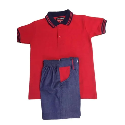 Boy School Sportswear - Cotton Fabric Size 22 Red and Blue Color Half Sleeve T-Shirt & Half Pant Set Washable Suitable for High School & Middle School