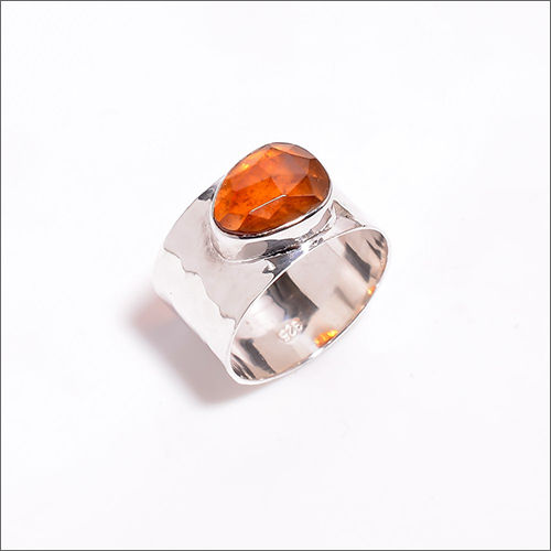 Hessonite Rose Cut Gemstone 925 Sterling Silver Hammered Ring