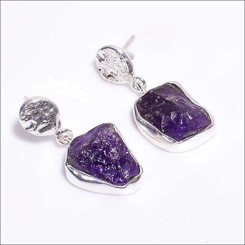 Amethyst Raw Gemstone 925 Sterling Silver Earrings - Gender: Women