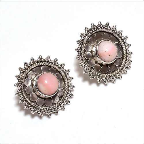 Pink Opal Gemstone 925 Sterling Silver Stud Earrings