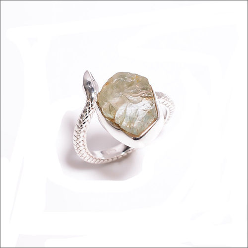 Round Aquamarine Raw Gemstone 925 Sterling Silver Snake Ring