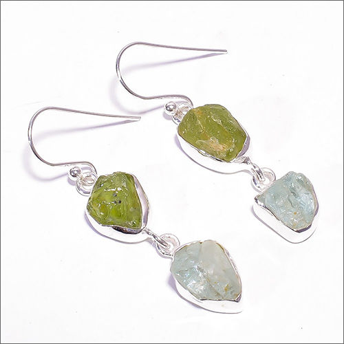 Peridot Aquamarine Raw Gemstone 925 Sterling Silver Earrings - Weight: 5 Grams (G)