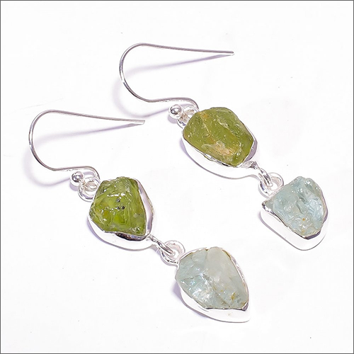 Peridot Aquamarine Raw Gemstone 925 Sterling Silver Earrings