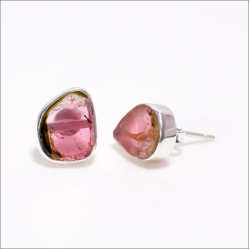 Watermelon Tourmaline Raw Gemstone 925 Sterling Silver Stud Earrings - Stone Color: Pink