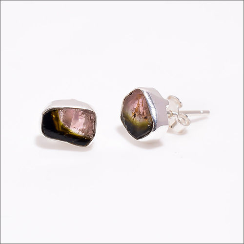 Watermelon Tourmaline Raw Gemstone 925 Sterling Silver Stud Earrings