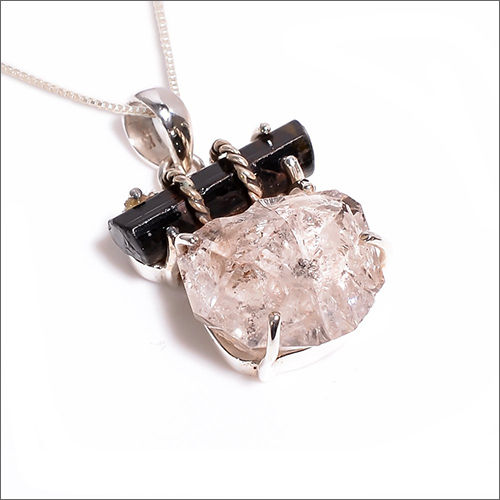 Natural Black Tourmaline Herkimer Diamond 925 Sterling Silver Chain Pendant