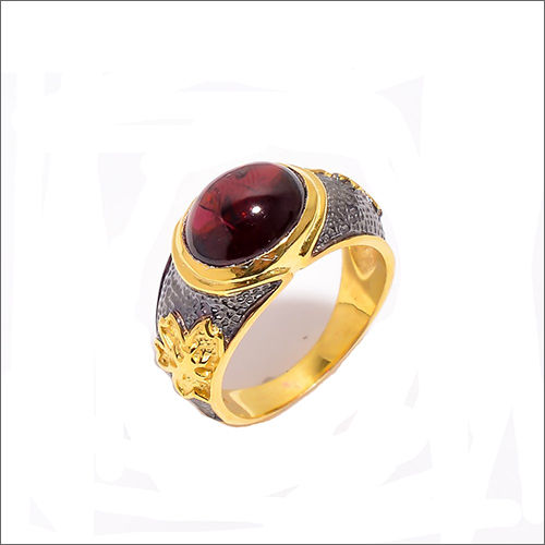 Gold Plated  Black Rhodium Two Tone Garnet Gemstone Ring