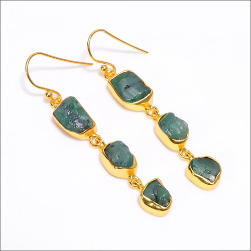 Green Natural Emerald Raw Gold Plated Earrings