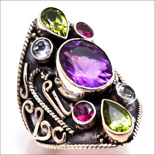 Oval Amethyst Peridot Gemstone 925 Sterling Silver Ring Size 8.5