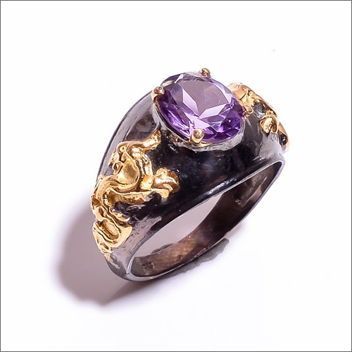Round 925 Sterling Silver Gold Plated Two Toneamethyst Ring