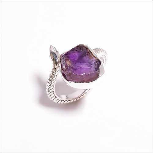 Round Amethyst Raw Gemstone 925 Sterling Silver Snake Ring