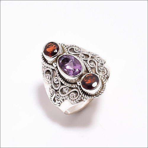 Garnet Amethyst Gemstone 925 Sterling Silver Ring - Shape: Oval