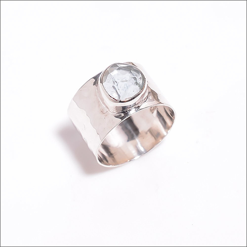 Aquamarine Rose Cut Gemstone 925 Sterling Silver Hammered Ring