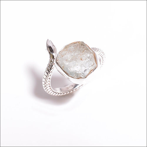 Round Aquamarine Raw Gemstone 925 Sterling Silver Snake Ring