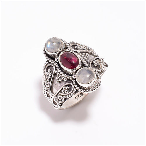 Rainbow Moonstone Garnet Gemstone 925 Sterling Silver Ring