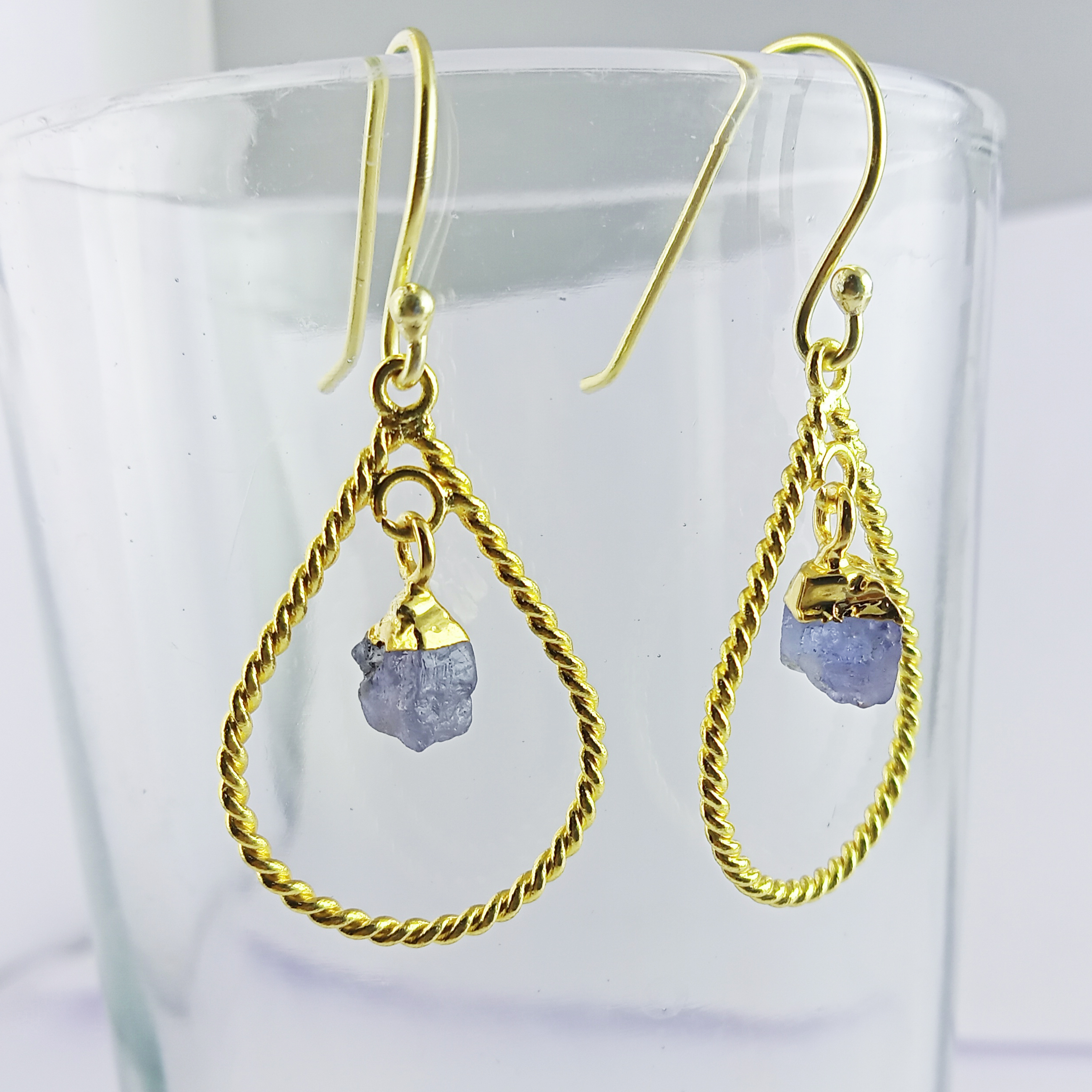 Crystal Raw Twisted Wire Teardrop Shape Earrings Gift For Mom Gold Plated Gemstone Earrings Drop Dangle Gemstone Earrings