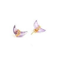 Semi Precious Gemstone Crescent Earring- Gold Pleated Wire Wrapped Stud Earring For Love