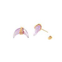 Semi Precious Gemstone Crescent Earring- Gold Pleated Wire Wrapped Stud Earring For Love