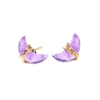 Semi Precious Gemstone Crescent Earring- Gold Pleated Wire Wrapped Stud Earring For Love