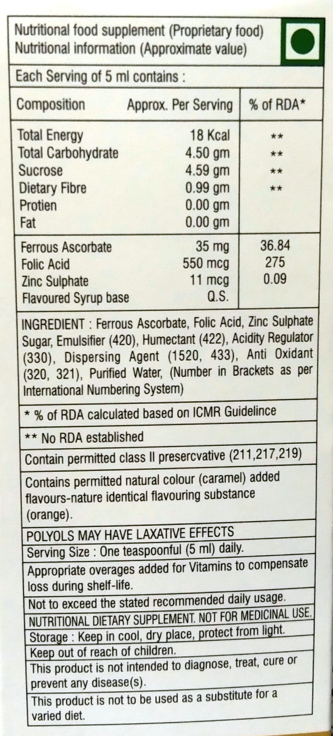 IRON SYRUP (FERROUS ASCORBATE 30 MG)