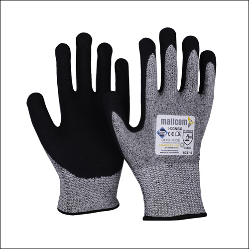 Gray & Black Mallcom H33Nbg Cut Resistant Level 5 Seamless Sandy Finish Nitrile Coated Safety Gloves