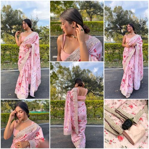 Pink Vichitra Silk With Digital Print And Embroidery Sequences Work Sarees...