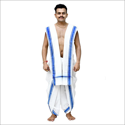 Mens Blue Border Dhoti Dupatta