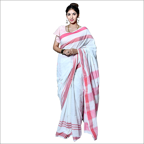 White Grey And Red Border Saree